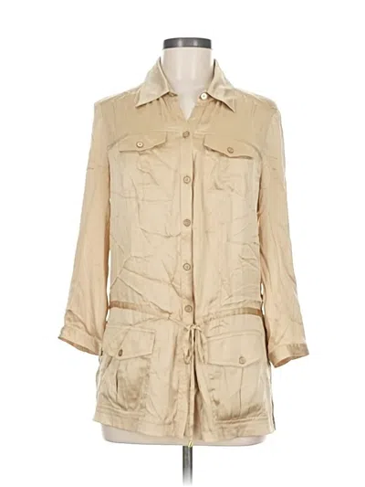 Pre-owned Caché 3/4 Sleeve Silk Top Tan Square Neckline Tops In Brown