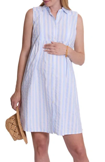 Cache Coeur Agathe Stripe Maternity/nursing Shirtdress In Light Blue