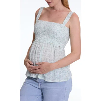 Cache Coeur Ambre Smock Floral Cotton Maternity/nursing Top In Sky Blue