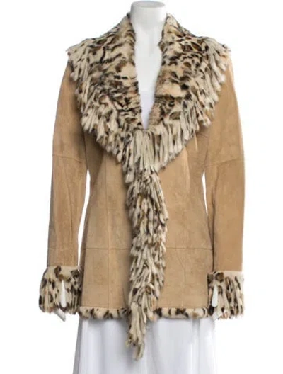 Pre-owned Caché Leather Animal Print Fur Coat W/ Tags In Neutrals