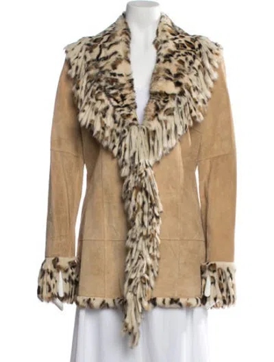 Pre-owned Caché Leather Animal Print Fur Coat W/ Tags In Neutrals