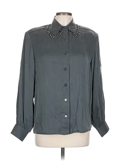 Pre-owned Caché Long Sleeve Silk Top Gray Collared Neckline Tops