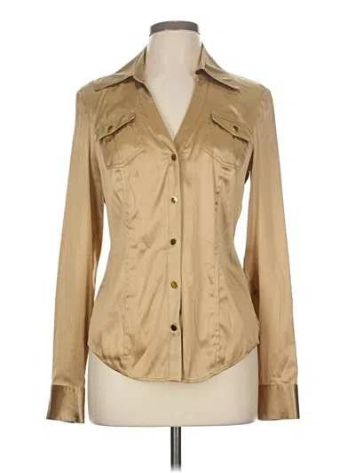 Pre-owned Caché Long Sleeve Silk Top Tan Metallic Pattern Cowl Neck Tops In Brown