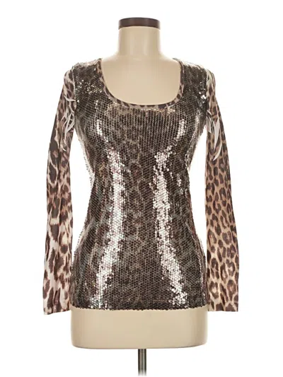 Pre-owned Caché Long Sleeve Top Brown Metallic Pattern Scoop Neck Tops