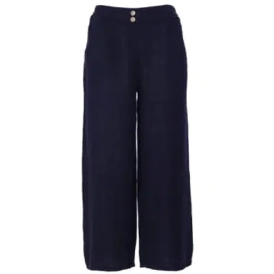 Cadenza Wide Straight Leg Navy Linen Trousers In Blue