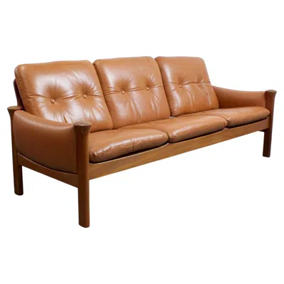 Pre-owned Cado Three-seater Sofa With Teak Frame And Brown Leather Upholstery - -
