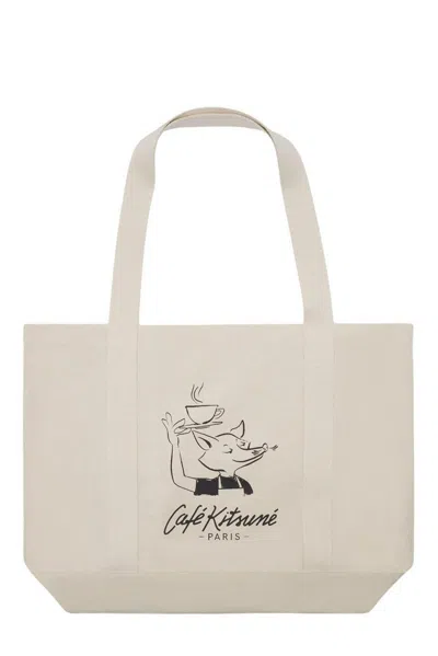 Café Kitsuné Fox Printed Top Handle Bag In Beige