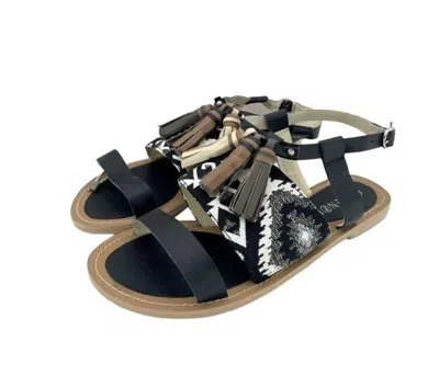 Cafe Noir Women's Leather Tassels Strappy Flat Sandals In Black