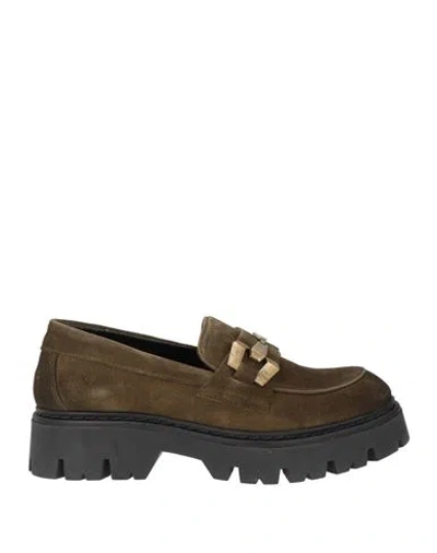 Cafènoir Woman Loafers Military Green Size 8 Leather