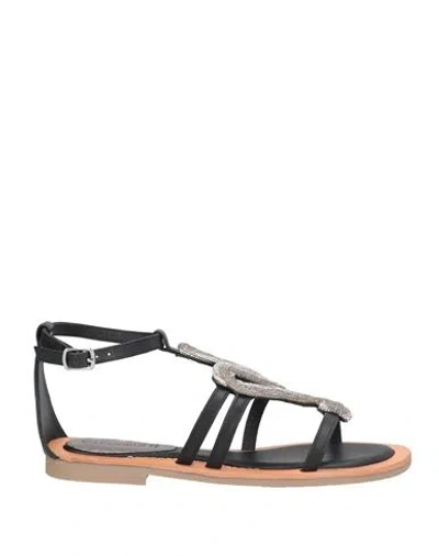 Cafènoir Woman Sandals Black Size 8 Leather, Textile Fibers