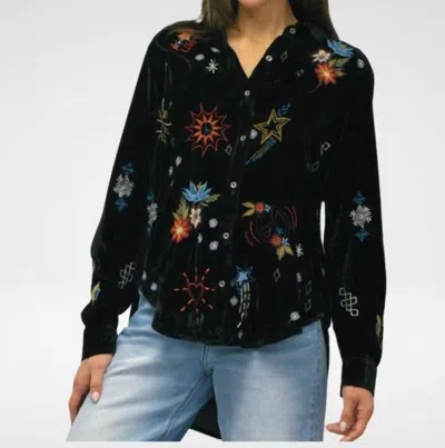 Caite & Kyla Wrenley Crushed Velvet Embroidered Shirt In Dark Grey In Gray