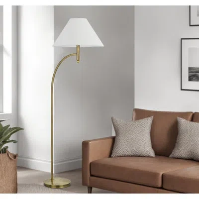 Cal Lighting 150w 3 Way Groton Metal Mini Arc Floor Lamp With Hardback Fabric Shade In Brass