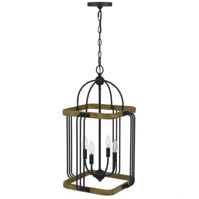 Cal Lighting 4 - Light Lantern Square Chandelier With Wood Accents In Black,oak
