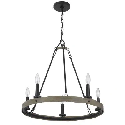 Cal Lighting 5 - Light Candle Style Wagon Wheel Chandelier With Wood Accents In Brown