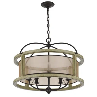 Cal Lighting 5 - Light Lantern Drum Chandelier With Wood Accents In Beige