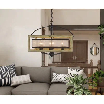 Cal Lighting 6 - Light Lantern Rectangle Chandelier With Wood Accents In Beige