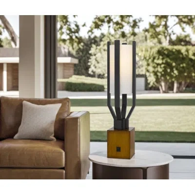 Cal Lighting 9w Keene Metal Table Lamp With Integrated Hardback Fabric Shade And Usb And Usb-c Charging Ports. Bu In Brown