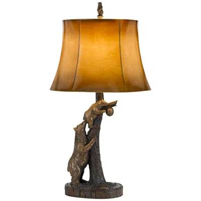 Cal Lighting Bears And Beehive Western Rustic Table Lamp With Leatherette Shade In Brown