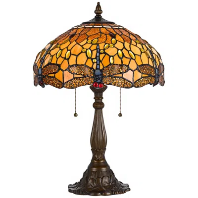 Cal Lighting Dragonfly 23" Brass Amber Tiffany-style Table Lamp In Brown