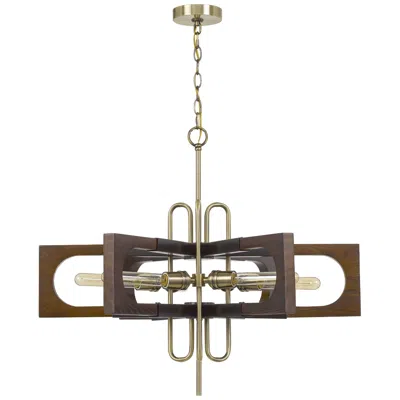 Cal Lighting Sneek 30" Wide Antique Brass And Wood 6-light Chandelier In Brown