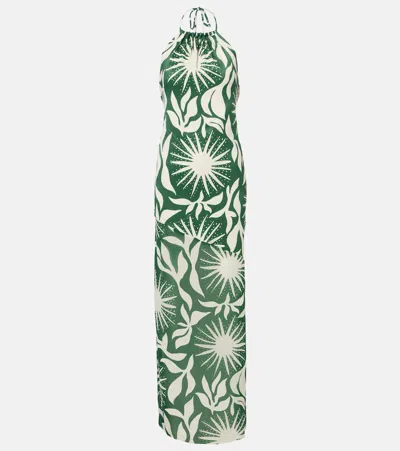 Cala De La Cruz Acasia Beaded Printed Halterneck Maxi Dress In Green