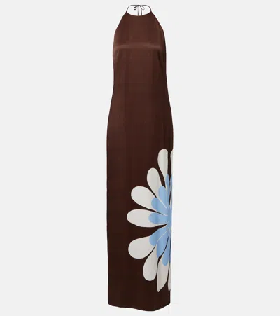 Cala De La Cruz Agnes Floral Halterneck Maxi Dress In Brown