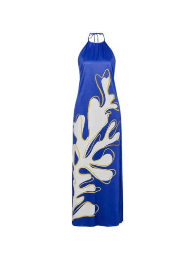 Cala De La Cruz Agnes Graphic-print Halterneck Dress In Blue