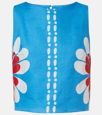 Cala De La Cruz Avelino Floral Linen Top In Blue