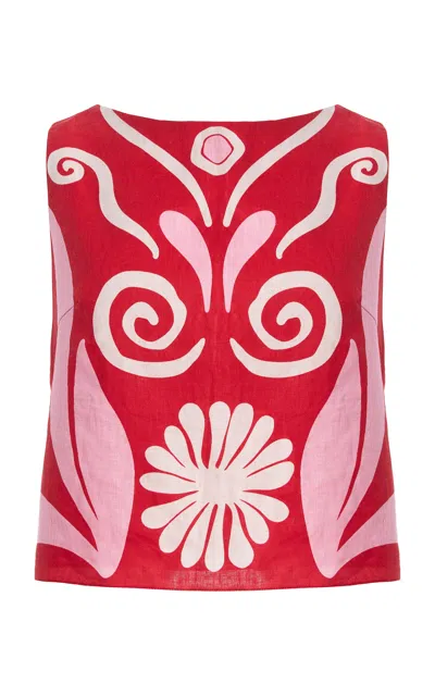 Cala De La Cruz Avelino Printed Linen Top In Red