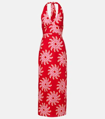 Cala De La Cruz Dasha Printed Halterneck Linen Maxi Dress In Red