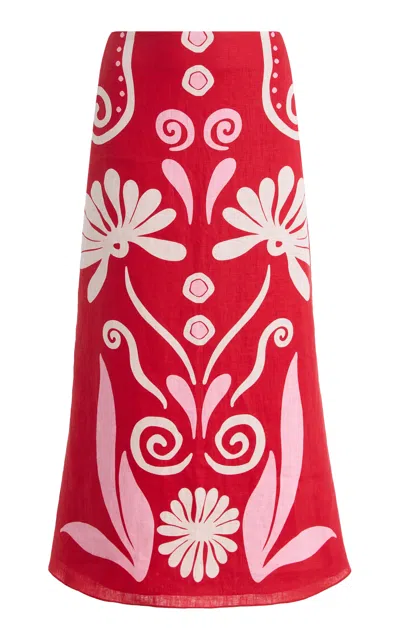 Cala De La Cruz Fabian Printed Linen Midi Skirt In Red