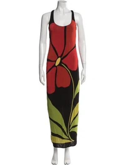Pre-owned Cala De La Cruz Floral Print Long Dress In Red