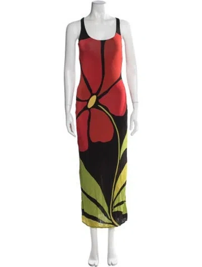Pre-owned Cala De La Cruz Floral Print Long Dress In Red