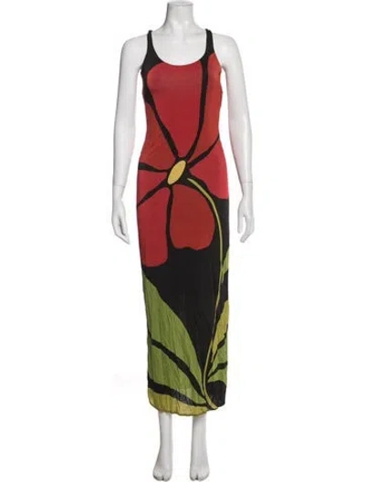 Pre-owned Cala De La Cruz Floral Print Long Dress In Red