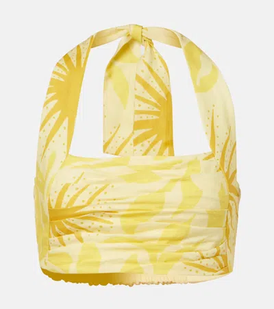 Cala De La Cruz Fuji Printed Halterneck Linen Crop Top In Yellow