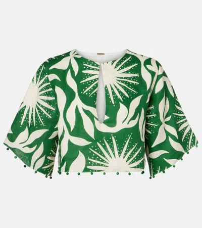 Cala De La Cruz Iris Beaded Printed Linen Crop Top In Green