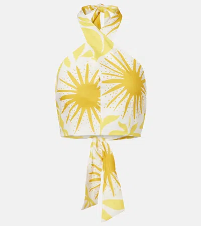 Cala De La Cruz Ivy Printed Halterneck Linen Crop Top In Yellow