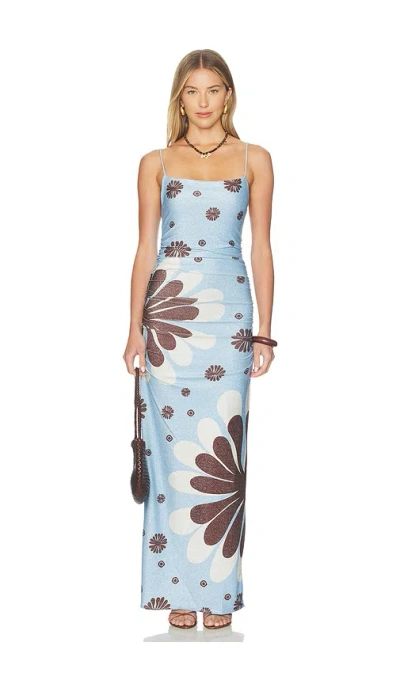 Cala De La Cruz Kim Ruched Printed Metallic Jersey Maxi Dress In Blue