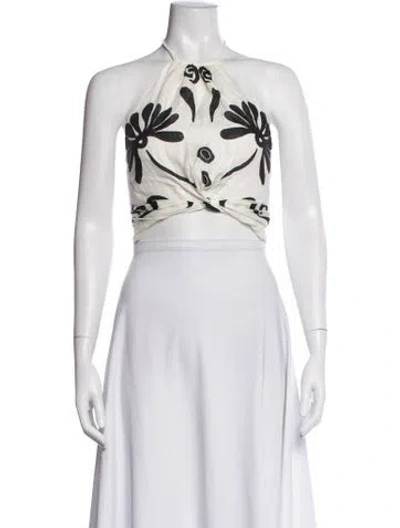 Pre-owned Cala De La Cruz Linen Floral Print Crop Top In White