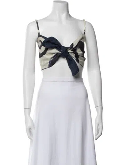 Pre-owned Cala De La Cruz Linen Graphic Print Crop Top In White