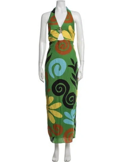 Pre-owned Cala De La Cruz Linen Long Dress In Green
