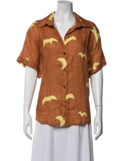 Pre-owned Cala De La Cruz Linen Printed Button-up Top W/ Tags In Orange