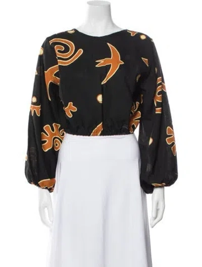 Pre-owned Cala De La Cruz Linen Printed Crop Top In Black