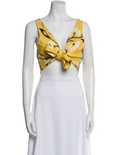 Pre-owned Cala De La Cruz Linen Printed Crop Top In Yellow