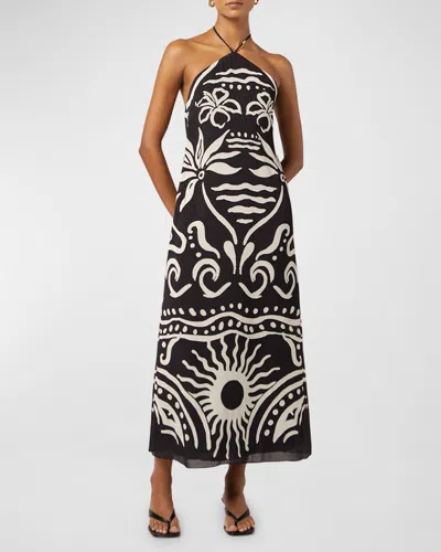 Cala De La Cruz Luna Backless Printed Halter Midi Dress In Black