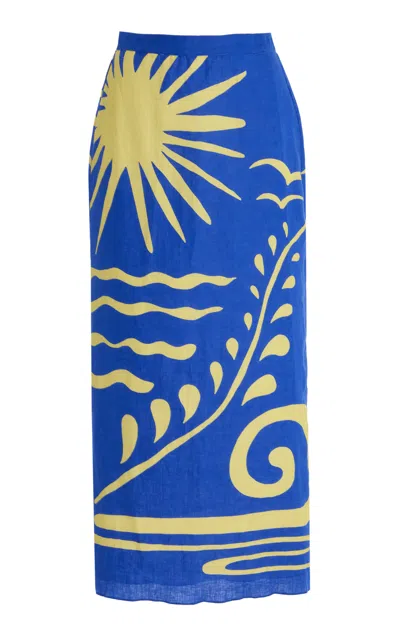 Cala De La Cruz Magda Linen Midi Skirt In Blue