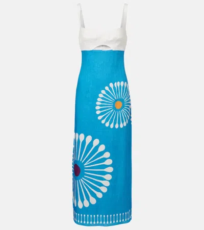 Cala De La Cruz Nara Cutout Floral Linen Midi Dress In Blue