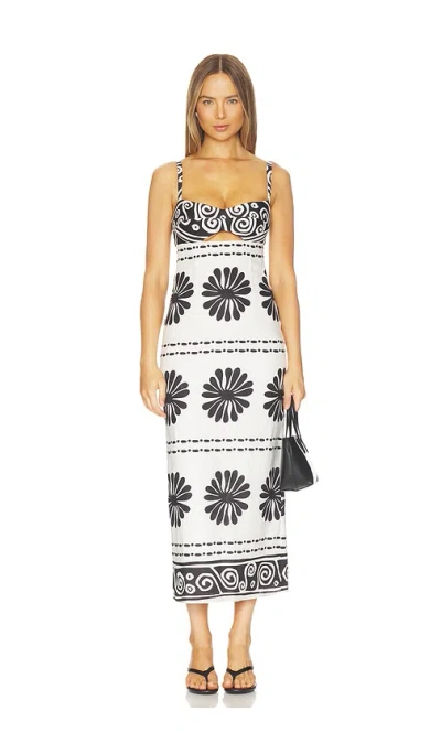 Cala De La Cruz Nara Cutout Printed Linen Midi Dress In Black
