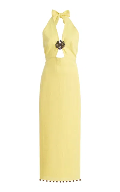 Cala De La Cruz Orly Embellished Cutout Linen Maxi Dress In Yellow