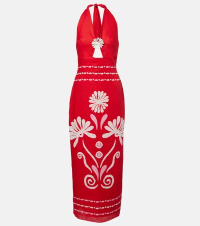 Cala De La Cruz Orly Embellished Cutout Printed Linen Maxi Dress In Red